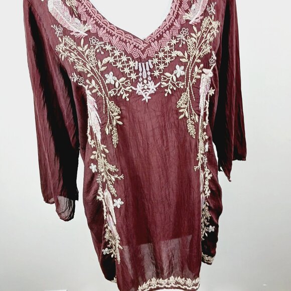 Johnny Was, Burgundy Brown Embroidered Boho Chic Top, Lt. Wt., Semi-Sheer, Small - Picture 5 of 16